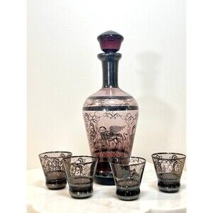 Vintage Mid Century Decanter Set with Glasses, Smoky Amethyst Barware, Italian